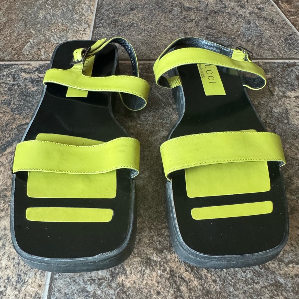 Authenticated Gucci Neon Ankle Strap Sandals- Black, Green, Women’s Size 6.5B